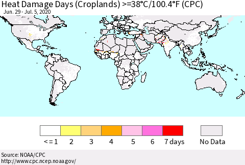 World Heat Damage Days (Croplands) >=38°C/100°F (CPC) Thematic Map For 6/29/2020 - 7/5/2020
