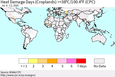 World Heat Damage Days (Croplands) >=38°C/100°F (CPC) Thematic Map For 7/6/2020 - 7/12/2020