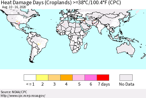 World Heat Damage Days (Croplands) >=38°C/100°F (CPC) Thematic Map For 8/10/2020 - 8/16/2020