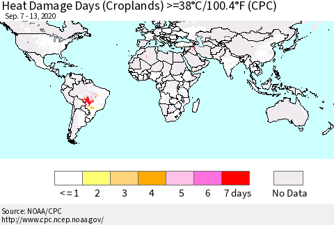 World Heat Damage Days (Croplands) >=38°C/100°F (CPC) Thematic Map For 9/7/2020 - 9/13/2020