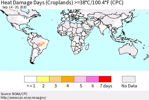 World Heat Damage Days (Croplands) >=38°C/100°F (CPC) Thematic Map For 9/14/2020 - 9/20/2020