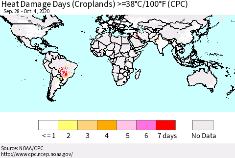 World Heat Damage Days (Croplands) >=38°C/100°F (CPC) Thematic Map For 9/28/2020 - 10/4/2020