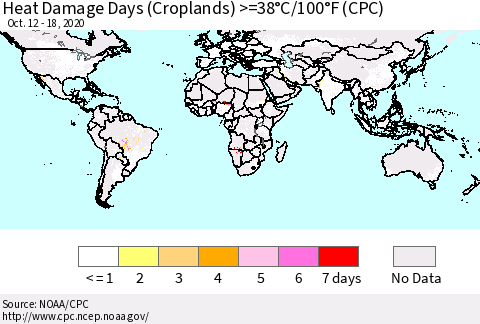 World Heat Damage Days (Croplands) >=38°C/100°F (CPC) Thematic Map For 10/12/2020 - 10/18/2020