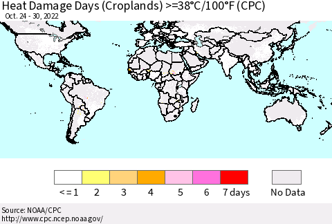 World Heat Damage Days (Croplands) >=38°C/100°F (CPC) Thematic Map For 10/24/2022 - 10/30/2022