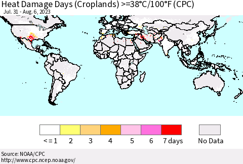 World Heat Damage Days (Croplands) >=38°C/100°F (CPC) Thematic Map For 7/31/2023 - 8/6/2023