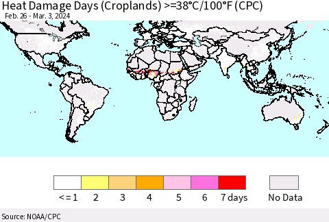 World Heat Damage Days (Croplands) >=38°C/100°F (CPC) Thematic Map For 2/26/2024 - 3/3/2024
