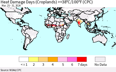 World Heat Damage Days (Croplands) >=38°C/100°F (CPC) Thematic Map For 3/25/2024 - 3/31/2024