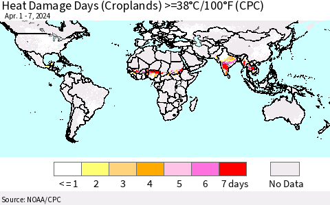World Heat Damage Days (Croplands) >=38°C/100°F (CPC) Thematic Map For 4/1/2024 - 4/7/2024