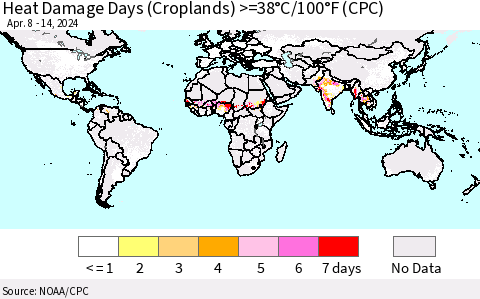 World Heat Damage Days (Croplands) >=38°C/100°F (CPC) Thematic Map For 4/8/2024 - 4/14/2024
