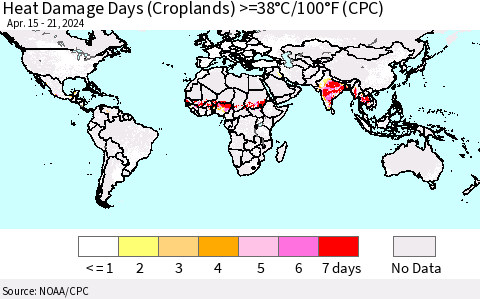 World Heat Damage Days (Croplands) >=38°C/100°F (CPC) Thematic Map For 4/15/2024 - 4/21/2024