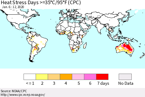 World Heat Stress Days >=35°C/95°F (CPC) Thematic Map For 1/6/2020 - 1/12/2020