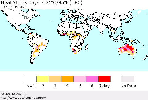 World Heat Stress Days >=35°C/95°F (CPC) Thematic Map For 1/13/2020 - 1/19/2020