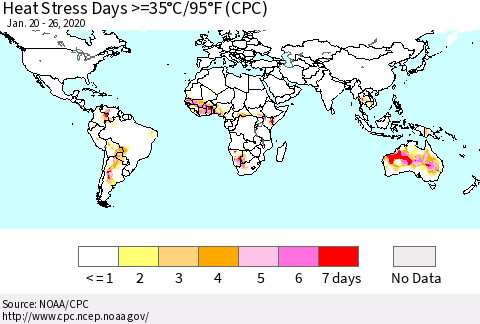 World Heat Stress Days >=35°C/95°F (CPC) Thematic Map For 1/20/2020 - 1/26/2020