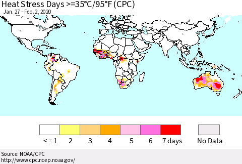 World Heat Stress Days >=35°C/95°F (CPC) Thematic Map For 1/27/2020 - 2/2/2020