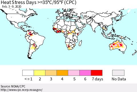 World Heat Stress Days >=35°C/95°F (CPC) Thematic Map For 2/3/2020 - 2/9/2020