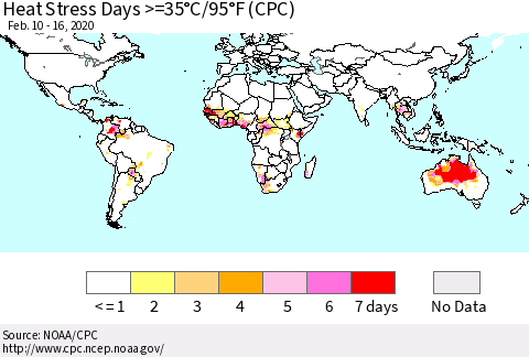World Heat Stress Days >=35°C/95°F (CPC) Thematic Map For 2/10/2020 - 2/16/2020