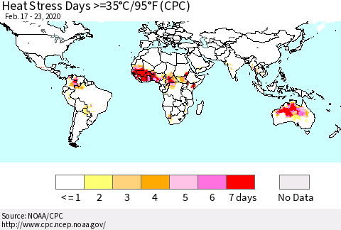 World Heat Stress Days >=35°C/95°F (CPC) Thematic Map For 2/17/2020 - 2/23/2020