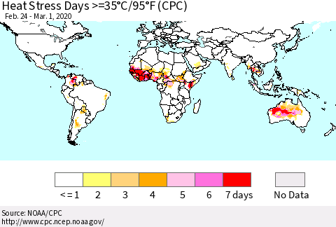 World Heat Stress Days >=35°C/95°F (CPC) Thematic Map For 2/24/2020 - 3/1/2020