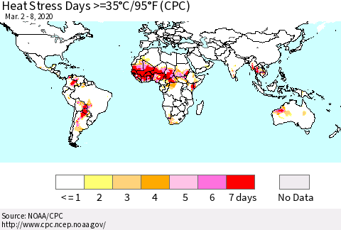 World Heat Stress Days >=35°C/95°F (CPC) Thematic Map For 3/2/2020 - 3/8/2020