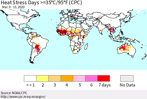 World Heat Stress Days >=35°C/95°F (CPC) Thematic Map For 3/9/2020 - 3/15/2020