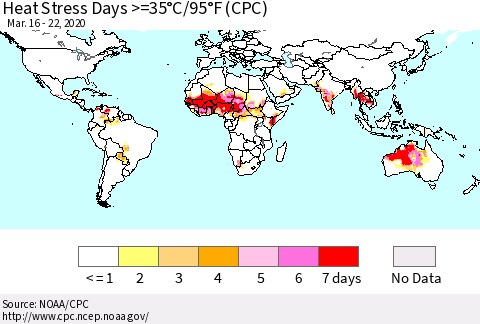 World Heat Stress Days >=35°C/95°F (CPC) Thematic Map For 3/16/2020 - 3/22/2020