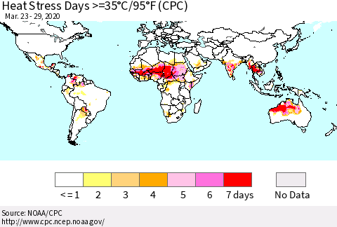 World Heat Stress Days >=35°C/95°F (CPC) Thematic Map For 3/23/2020 - 3/29/2020