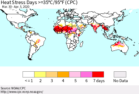 World Heat Stress Days >=35°C/95°F (CPC) Thematic Map For 3/30/2020 - 4/5/2020