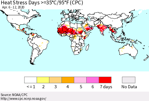 World Heat Stress Days >=35°C/95°F (CPC) Thematic Map For 4/6/2020 - 4/12/2020