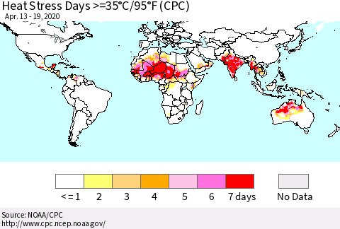 World Heat Stress Days >=35°C/95°F (CPC) Thematic Map For 4/13/2020 - 4/19/2020