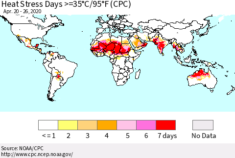 World Heat Stress Days >=35°C/95°F (CPC) Thematic Map For 4/20/2020 - 4/26/2020