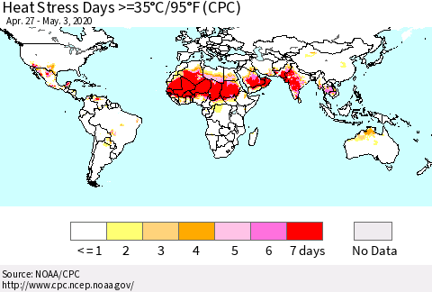 World Heat Stress Days >=35°C/95°F (CPC) Thematic Map For 4/27/2020 - 5/3/2020