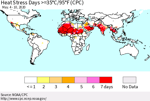 World Heat Stress Days >=35°C/95°F (CPC) Thematic Map For 5/4/2020 - 5/10/2020