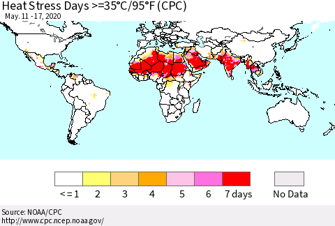World Heat Stress Days >=35°C/95°F (CPC) Thematic Map For 5/11/2020 - 5/17/2020