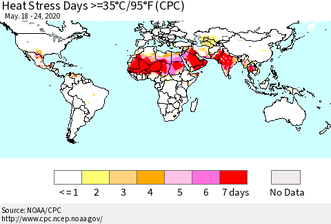 World Heat Stress Days >=35°C/95°F (CPC) Thematic Map For 5/18/2020 - 5/24/2020