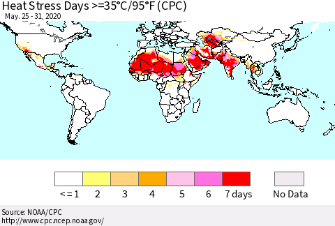 World Heat Stress Days >=35°C/95°F (CPC) Thematic Map For 5/25/2020 - 5/31/2020