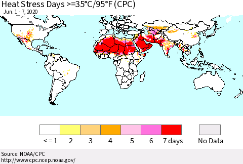 World Heat Stress Days >=35°C/95°F (CPC) Thematic Map For 6/1/2020 - 6/7/2020