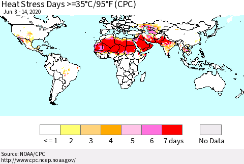 World Heat Stress Days >=35°C/95°F (CPC) Thematic Map For 6/8/2020 - 6/14/2020