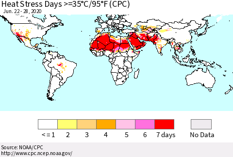 World Heat Stress Days >=35°C/95°F (CPC) Thematic Map For 6/22/2020 - 6/28/2020