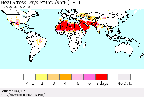 World Heat Stress Days >=35°C/95°F (CPC) Thematic Map For 6/29/2020 - 7/5/2020