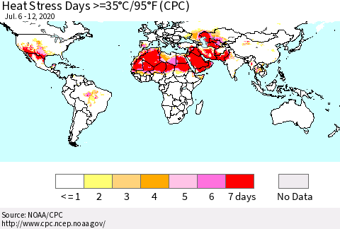 World Heat Stress Days >=35°C/95°F (CPC) Thematic Map For 7/6/2020 - 7/12/2020
