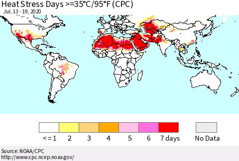 World Heat Stress Days >=35°C/95°F (CPC) Thematic Map For 7/13/2020 - 7/19/2020