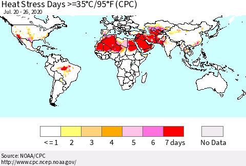 World Heat Stress Days >=35°C/95°F (CPC) Thematic Map For 7/20/2020 - 7/26/2020