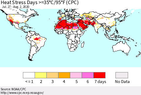 World Heat Stress Days >=35°C/95°F (CPC) Thematic Map For 7/27/2020 - 8/2/2020