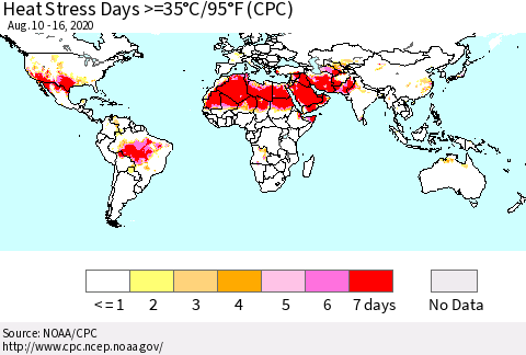 World Heat Stress Days >=35°C/95°F (CPC) Thematic Map For 8/10/2020 - 8/16/2020