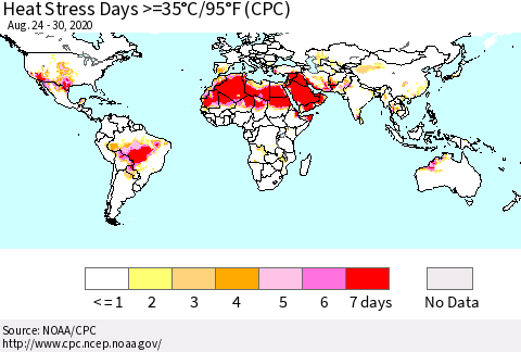 World Heat Stress Days >=35°C/95°F (CPC) Thematic Map For 8/24/2020 - 8/30/2020