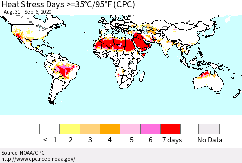 World Heat Stress Days >=35°C/95°F (CPC) Thematic Map For 8/31/2020 - 9/6/2020