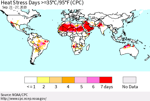 World Heat Stress Days >=35°C/95°F (CPC) Thematic Map For 9/21/2020 - 9/27/2020