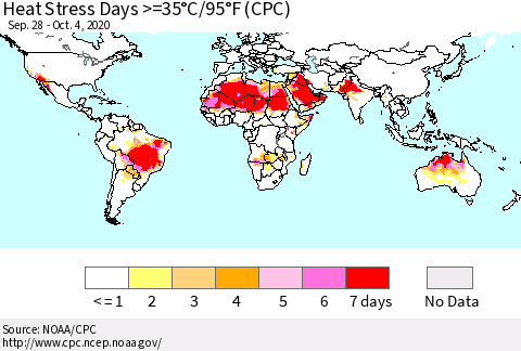 World Heat Stress Days >=35°C/95°F (CPC) Thematic Map For 9/28/2020 - 10/4/2020