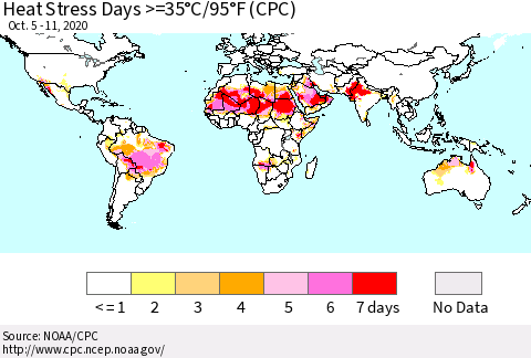 World Heat Stress Days >=35°C/95°F (CPC) Thematic Map For 10/5/2020 - 10/11/2020