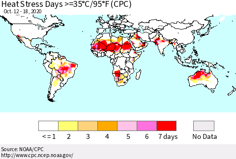 World Heat Stress Days >=35°C/95°F (CPC) Thematic Map For 10/12/2020 - 10/18/2020